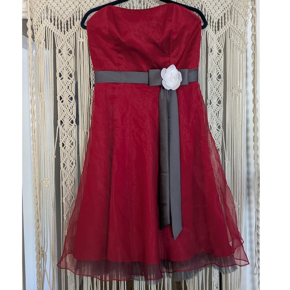 Alfred Angelo A-Line Strapless Dress Size 10 Burgundy Wine Maroon Charcoal Grey